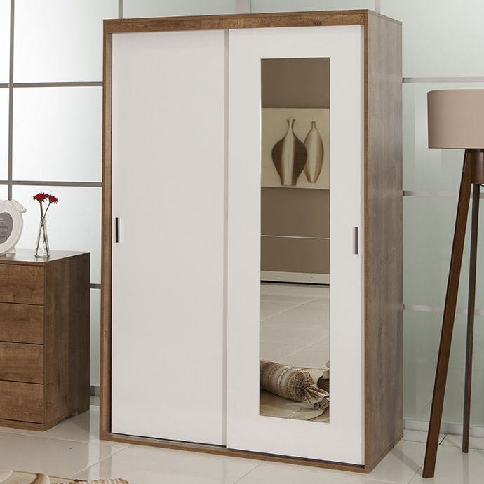 MDF Wood Wardrobe with Sliding Doors, 100x50x183 Cm - White Brown