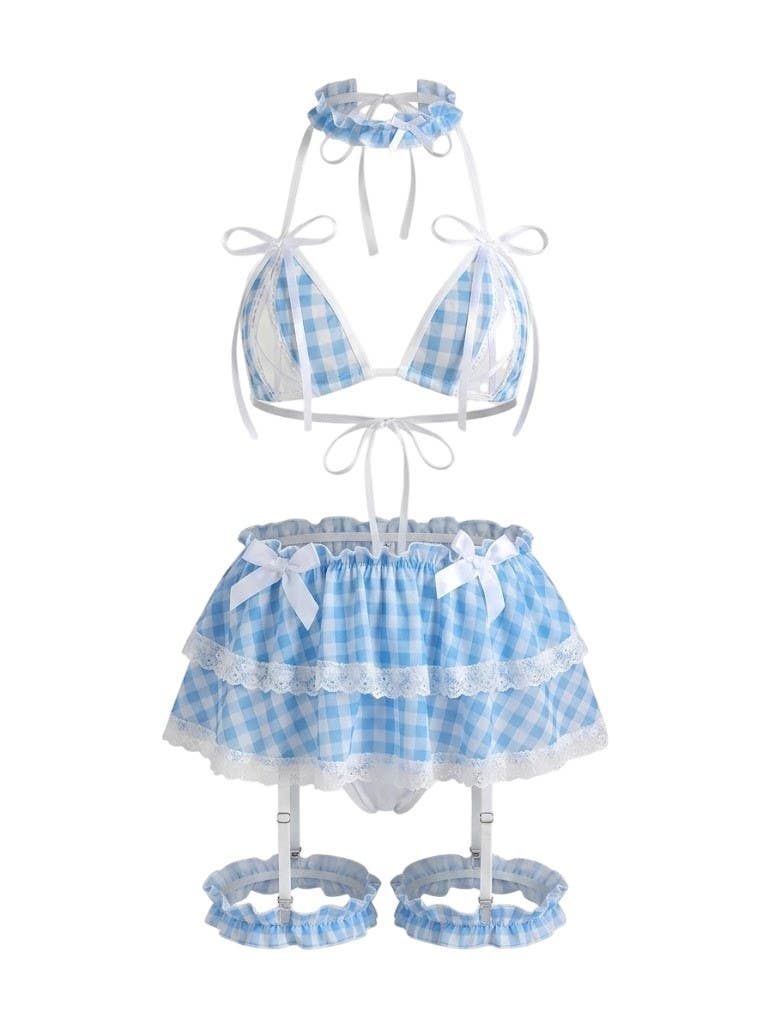 Elegant Sky Blue Plaid Cosplay Lingerie Set - 2-Piece Design with Lace & Accessories