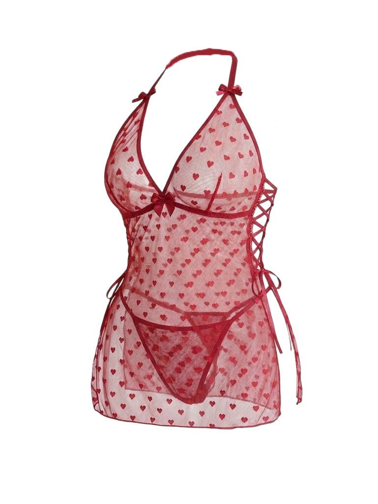 Elegant Red Heart Print Sheer Mini Baby Doll NF22-430 Lingerie for Women