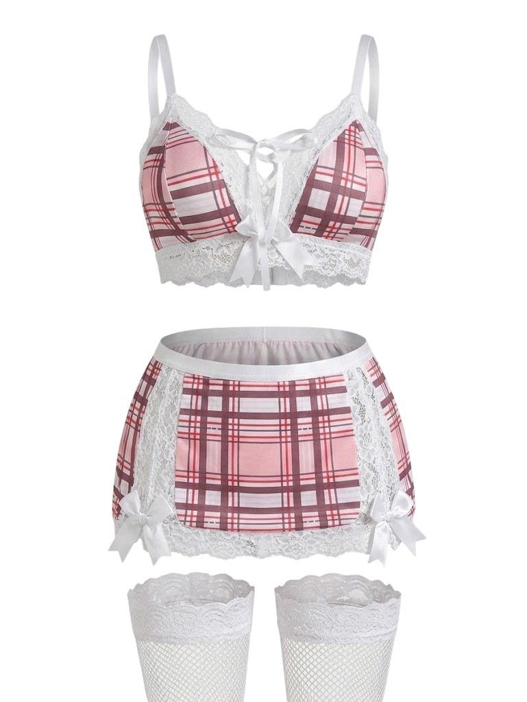 Pink Plaid Lace Lingerie Set NF-331 - Lace-Up Top, Mini Skirt & Fishnet Stockings