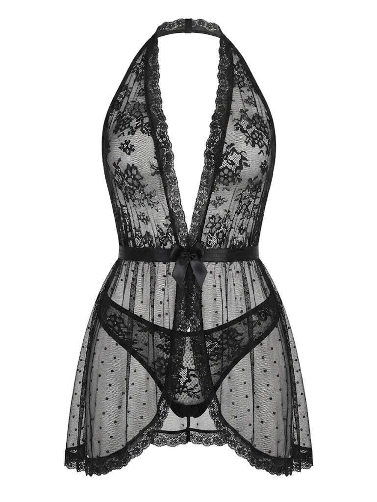 Premium Lace Halter Babydoll Set NF22-630 - Sheer Mini Dress with Matching Panty