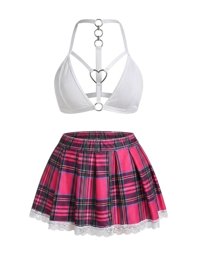 Elegant 2-Piece Cosplay Lingerie Set NF-317 - White Top with Heart Detail and Pink Plaid Skirt