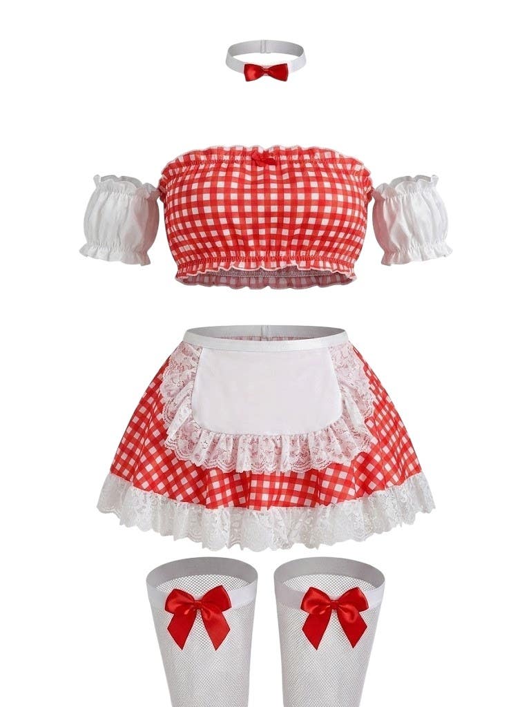 French Maid Cosplay Lingerie Set NF-301 - Red & White Gingham Design, Lace Apron & Accessories