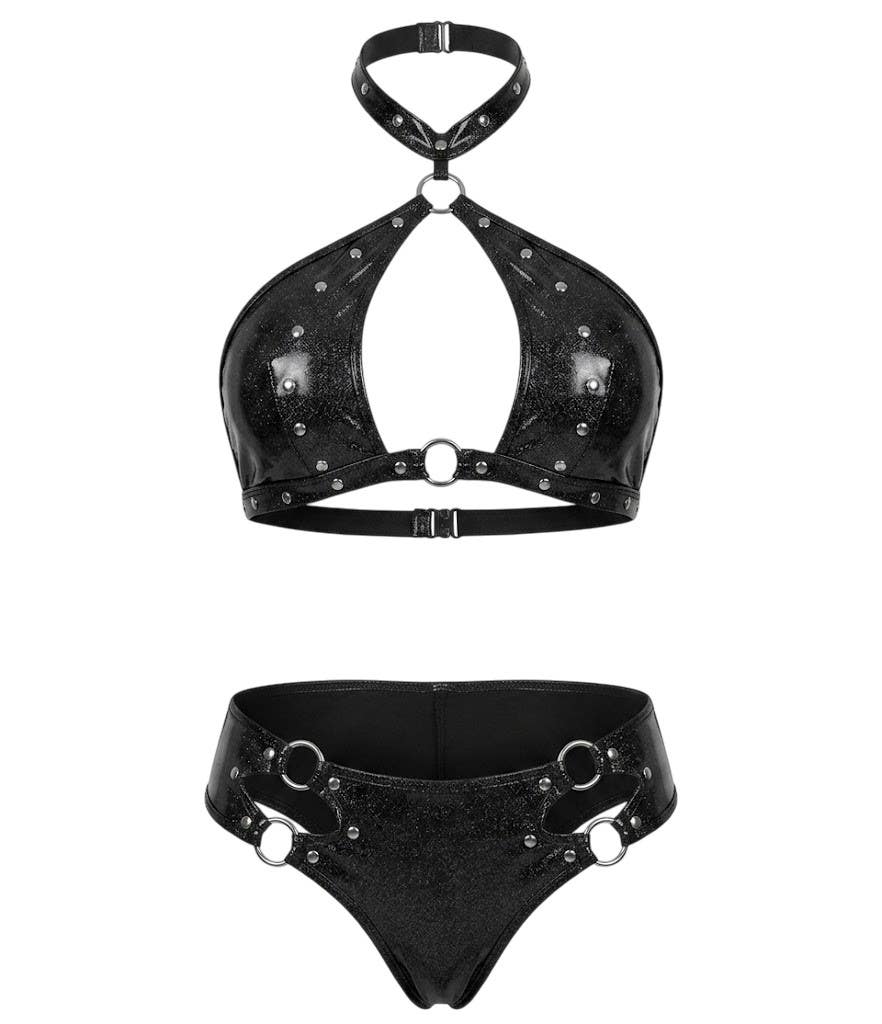 High-Gloss Faux Leather Lingerie Set NF-271 Cut-Out Halter Top, Ring Briefs, Thigh-High Stockings