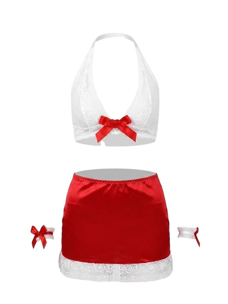2-Piece Cosplay Lingerie Set - Lace Halter Bra, Satin Mini Skirt, Wrist Cuffs