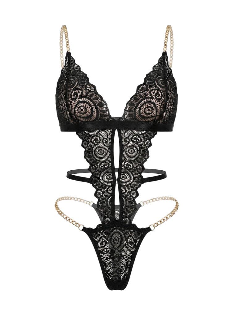 Elegant Lace Bodysuit for Women  NF-053 - Premium Design with Gold Chains, Cut-out Detail
