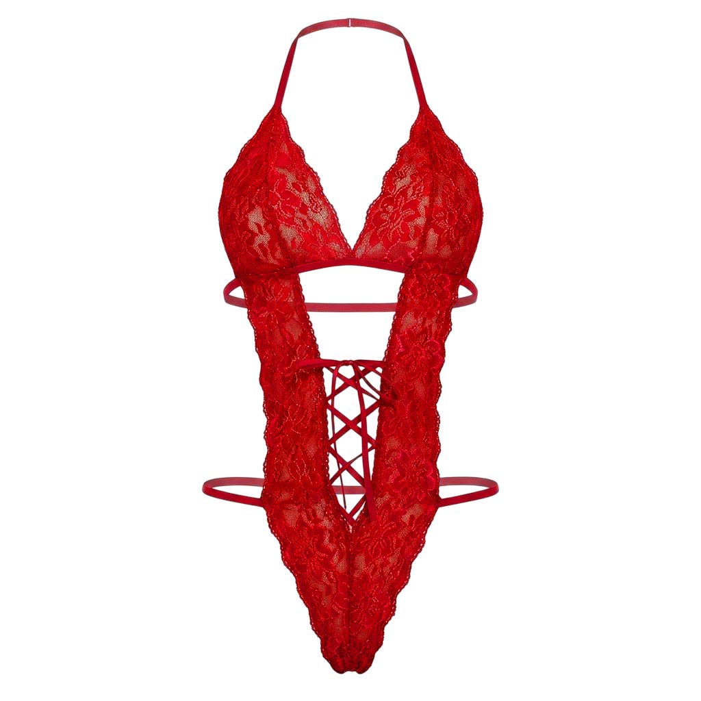 Lace Halter Neck Bodysuit NF-078 - V-Cutout & Lace-Up Waist Detail