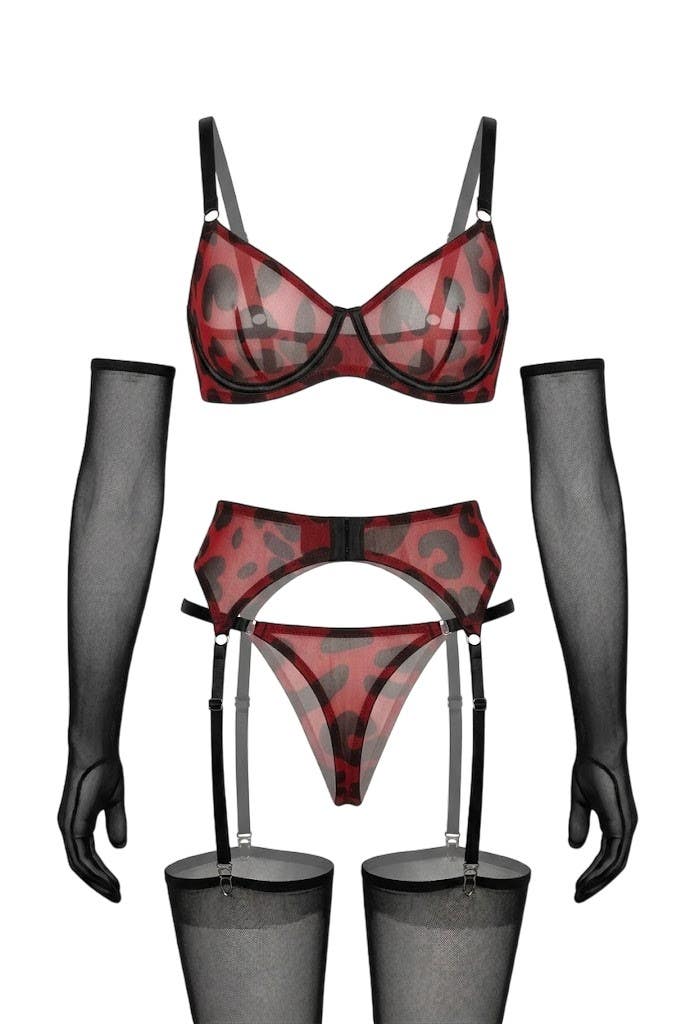 Elegant Red Heart Pattern Lingerie Set NF-323 with Gloves & Stockings for Women