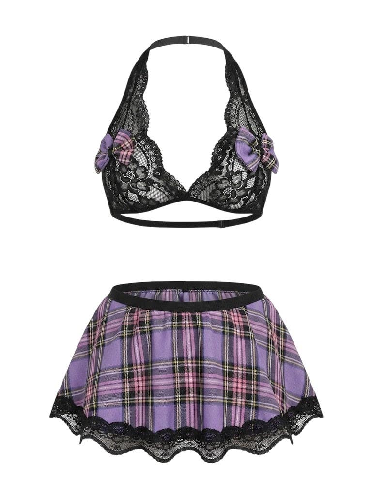 Purple Plaid Lace Halter Lingerie Set - Ruffled Mini Skirt