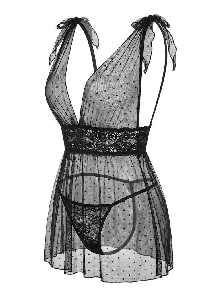 Generic Baby Doll Lingerie Set NF-786 - Polka Dot Mesh & Lace Design with Thong