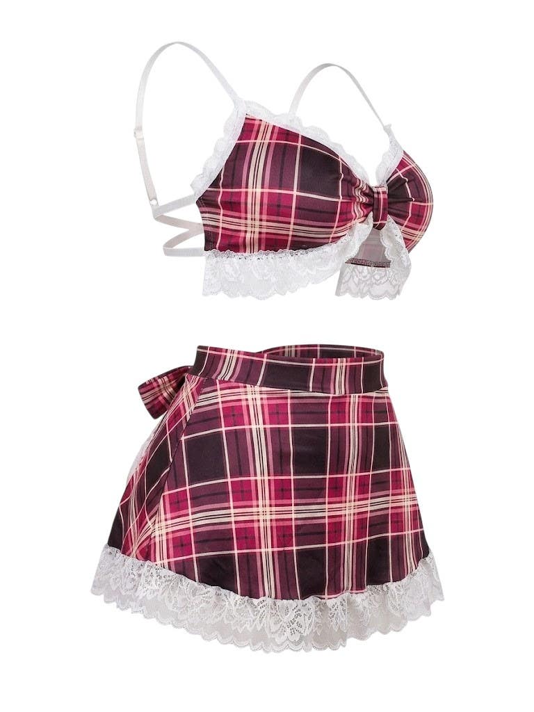 Modern Red Plaid 2-Piece Lingerie Set for Women - White Lace Trim & Ruffled Edges