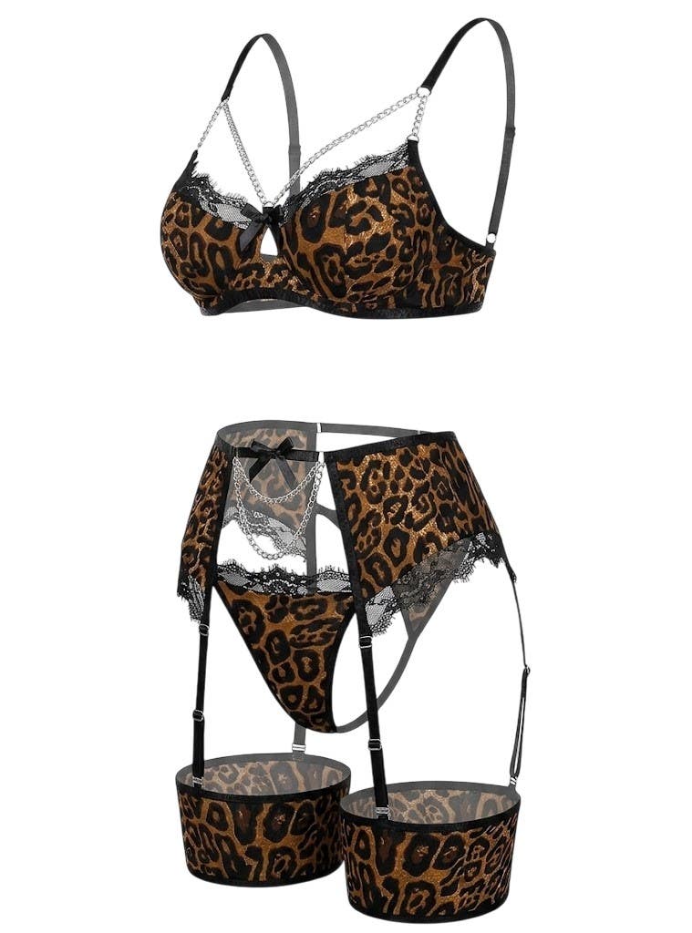 Luxurious Lace and Mesh 3-Piece Lingerie Set NF-056 - Silver Chains, Leg Garters (Multiple Colors)