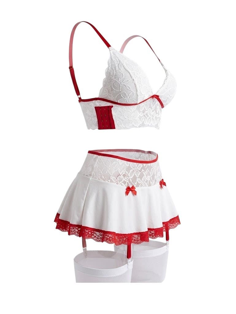 Elegant White Lace Cosplay Lingerie Set NF-313 with Flared Mini Skirt