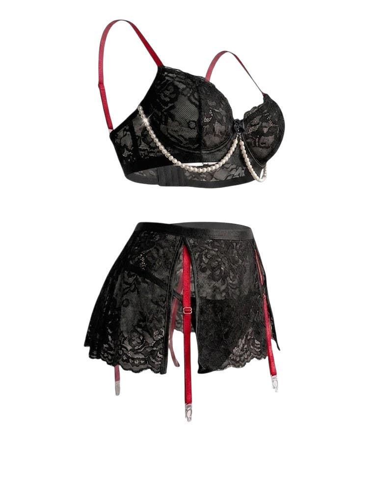 Premium Lace Lingerie Set - Black Lace Bra with Pearl Trim & Cut-Out Mini Skirt