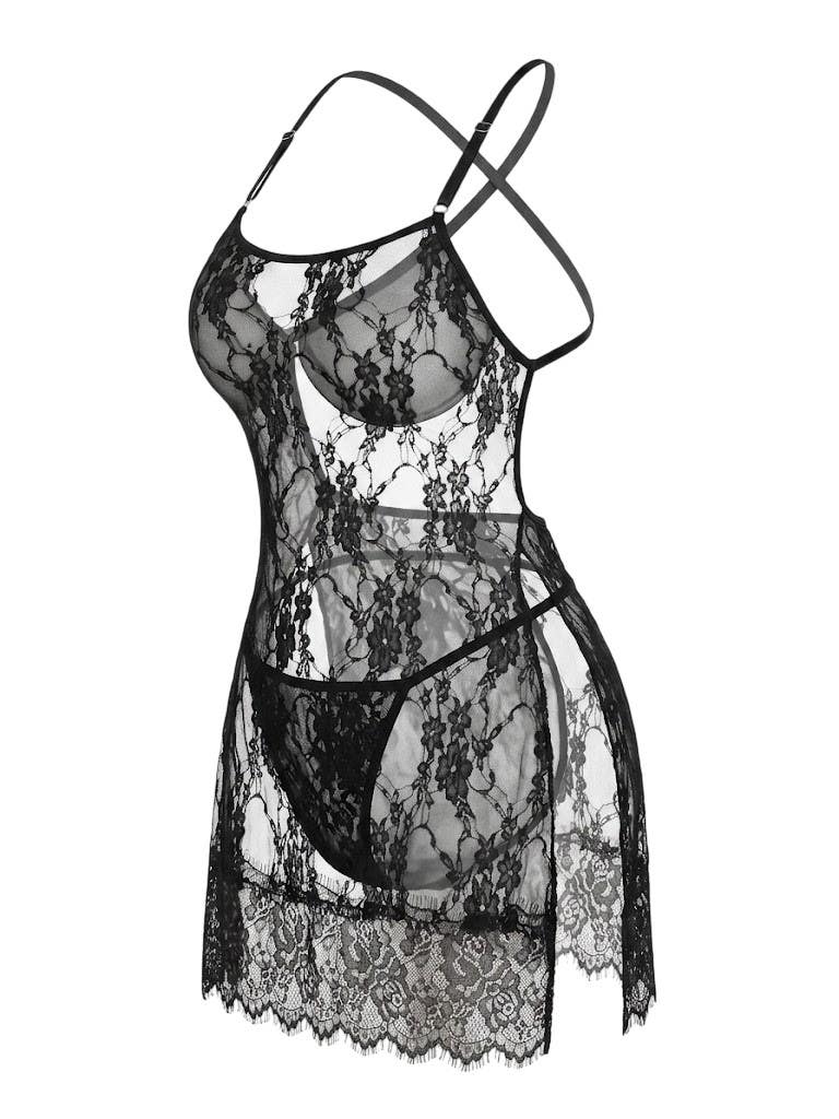 Sheer Lace Babydoll Lingerie NF22-433 - Sexy Black Nightgown with Adjustable Straps