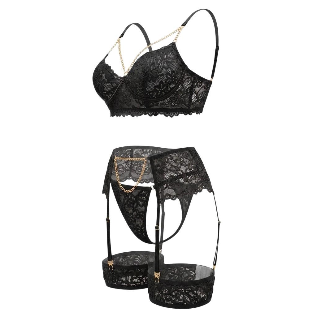 Premium Lace Lingerie Set with Gold Chains - Bra & Garter Belt - Black & Red - Sexy Women's Underwear