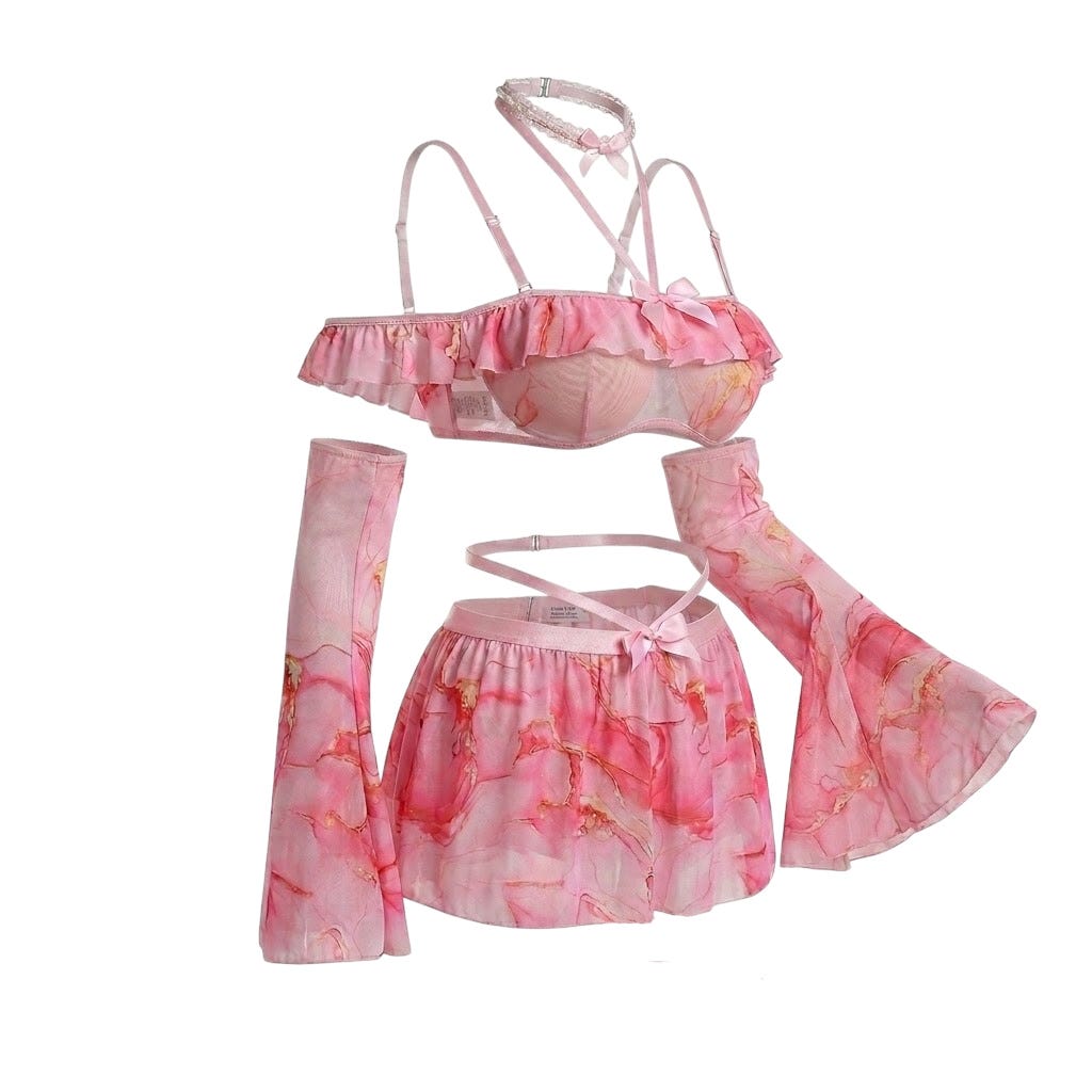 Pink Marble Print Lingerie Set with Ruffled Top, Mini Skirt, Flare Sleeves, and Thigh Bands