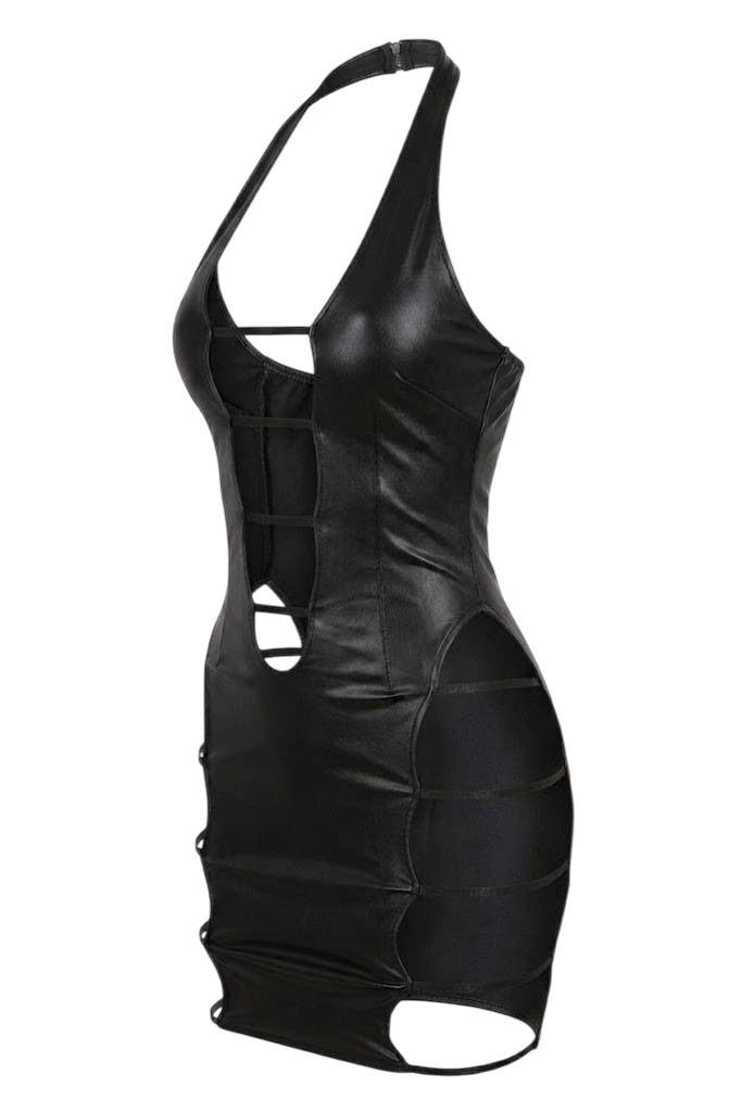 Seductive Faux Leather Mini Dress NF-291 with Bold Cut-Out Design