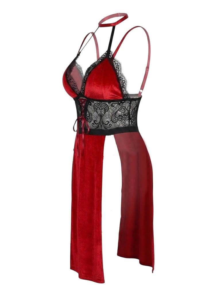 Long Black Lace Trim Gown Set with Matching Thong - Elegant Lingerie