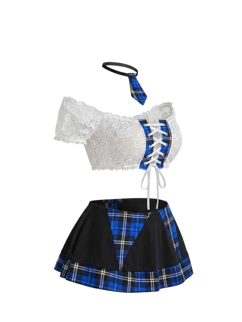 Elegant School Girl Cosplay Lingerie Set NF22-372 - Plaid Design, Lace-up Front