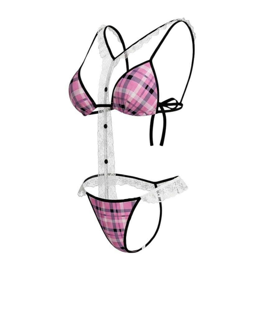 Colorful Plaid Lingerie Bodysuit Set NF-426 with White Lace Trim and Stockings