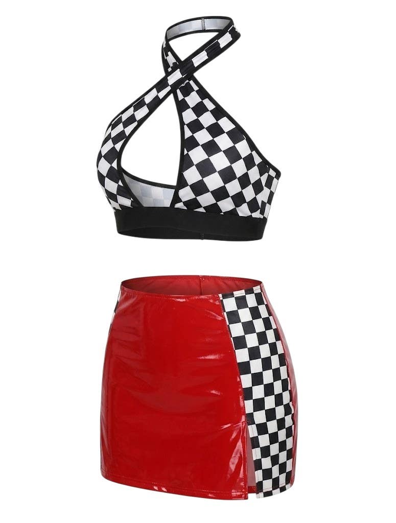 Modern Checkerboard Halter Top and Red Mini Skirt Lingerie NF-719 Set for Women