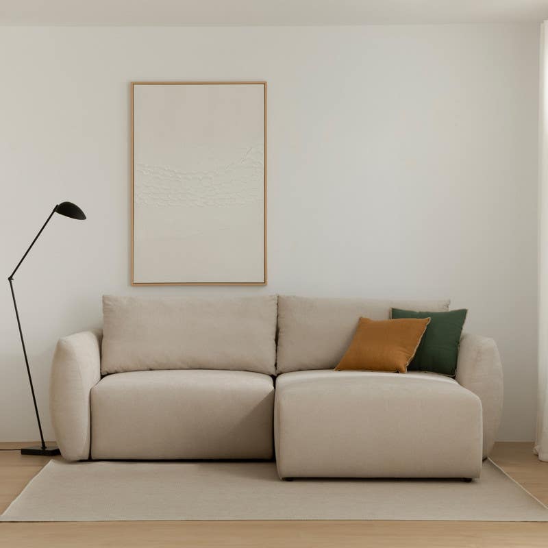 Corner sofa, white beech wood, Koya linen fabric, 2 cushions, 240x170x90 cm - Beige