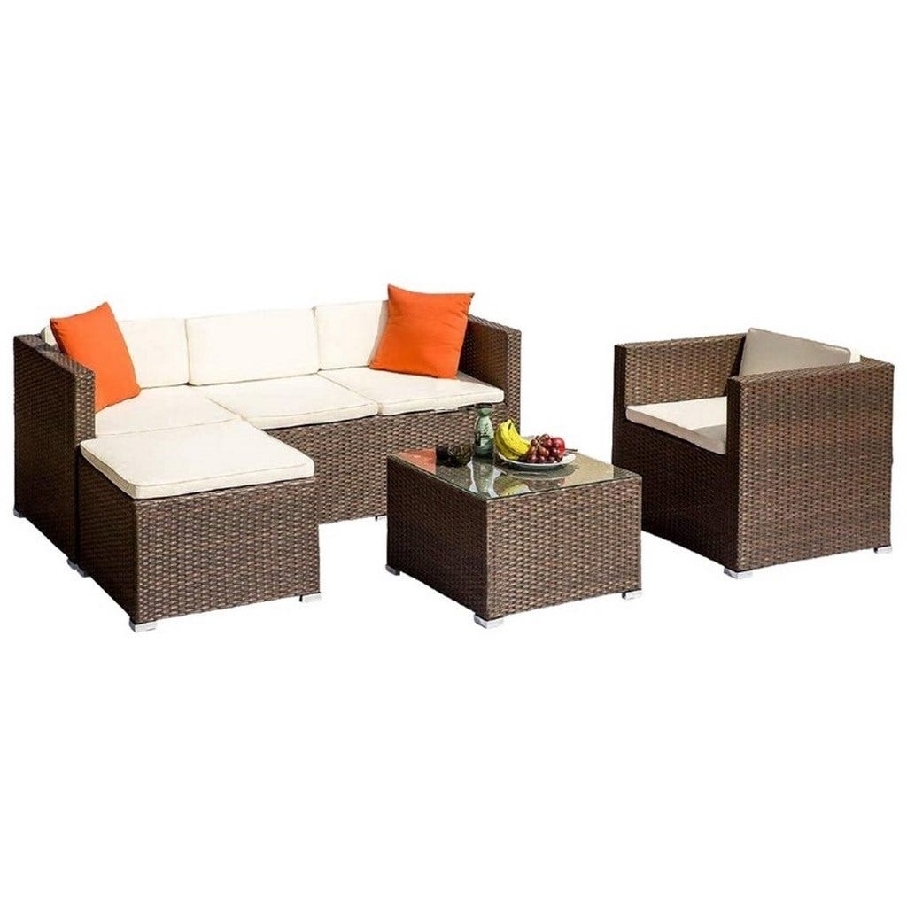 Sofa, pouf, and chair set with Athar table - brown