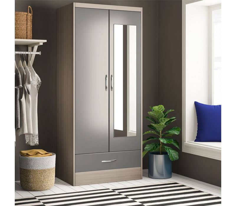 MDF Wood Wardrobe 2 Door, 78x52x182 Cm - Grey Wooden