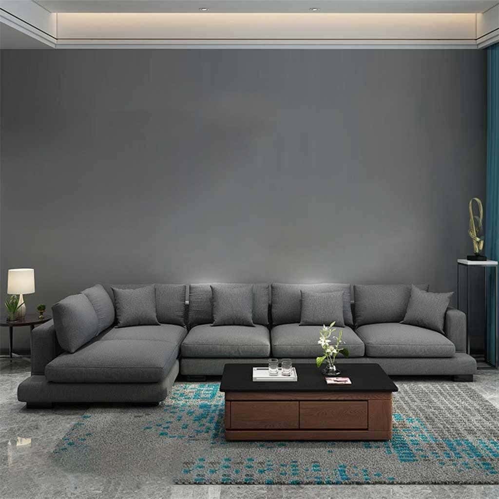 Modern corner sofa, red beech wood, 300x200x80 cm, linen - gray