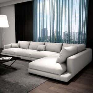 Modern corner sofa, red beech wood, 320x200x80 cm, linen - off-white