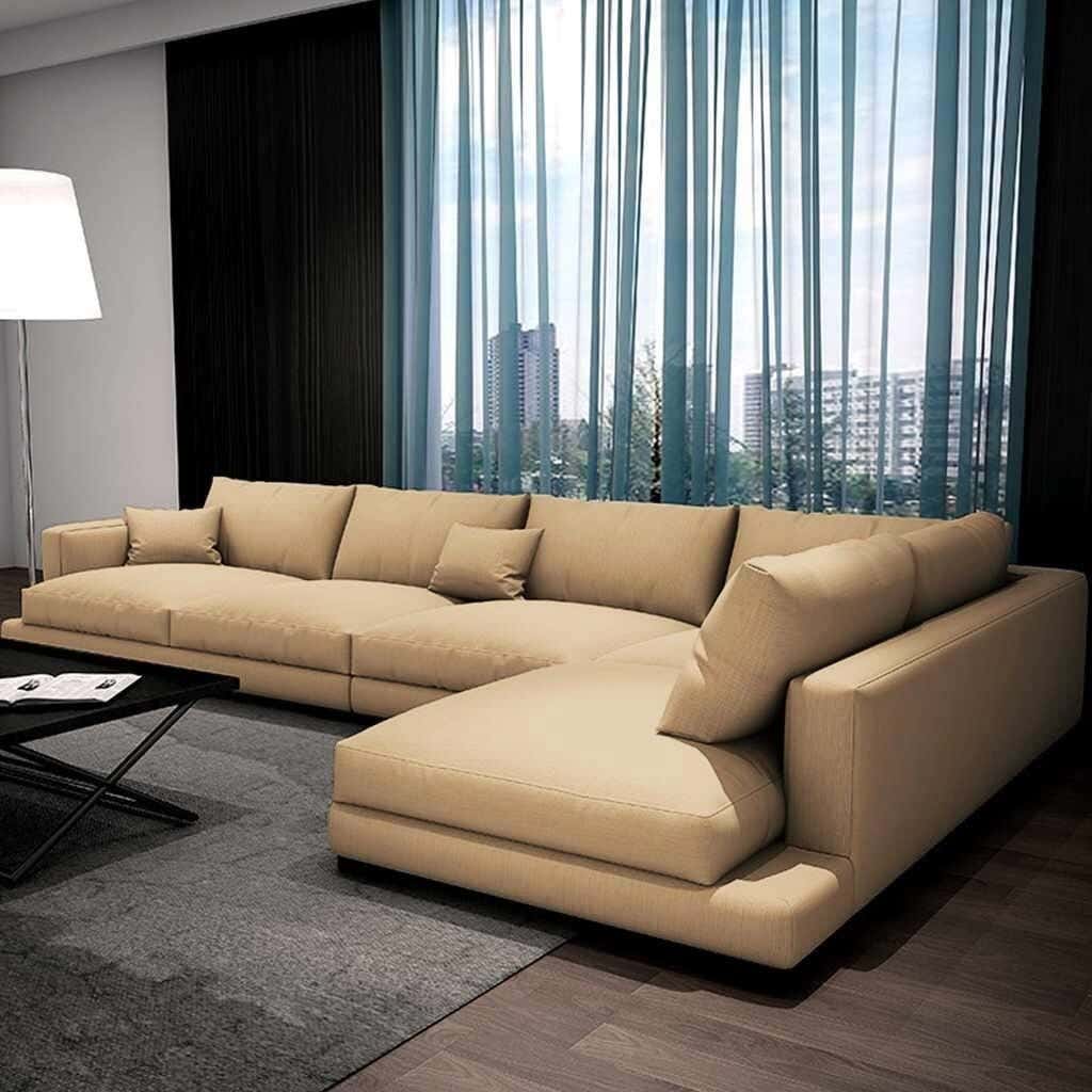 Modern corner sofa, red beech wood, 320x200x80 cm, linen - beige