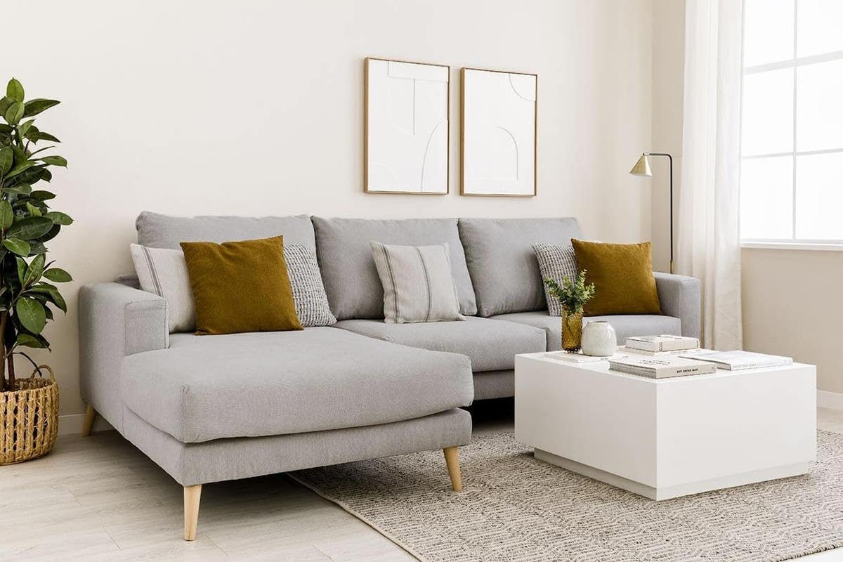 Corner sofa, white beech wood, Koya linen fabric, 5 cushions, 280x170x80 cm - Grey