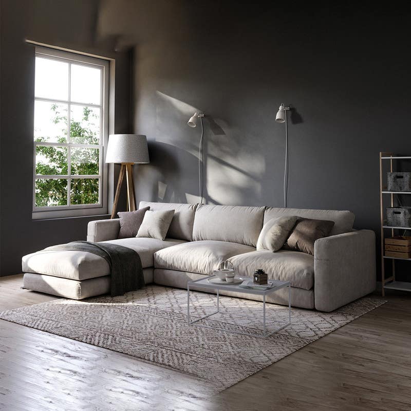 Corner sofa, white beech wood, linen fabric, 4 pillows, 280x180x80 cm - off white