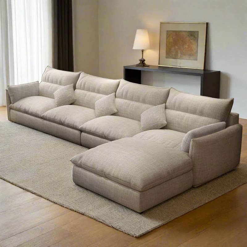 Corner sofa, white beech wood, Koya linen fabric, 5 cushions, 300x180x80 cm - off white