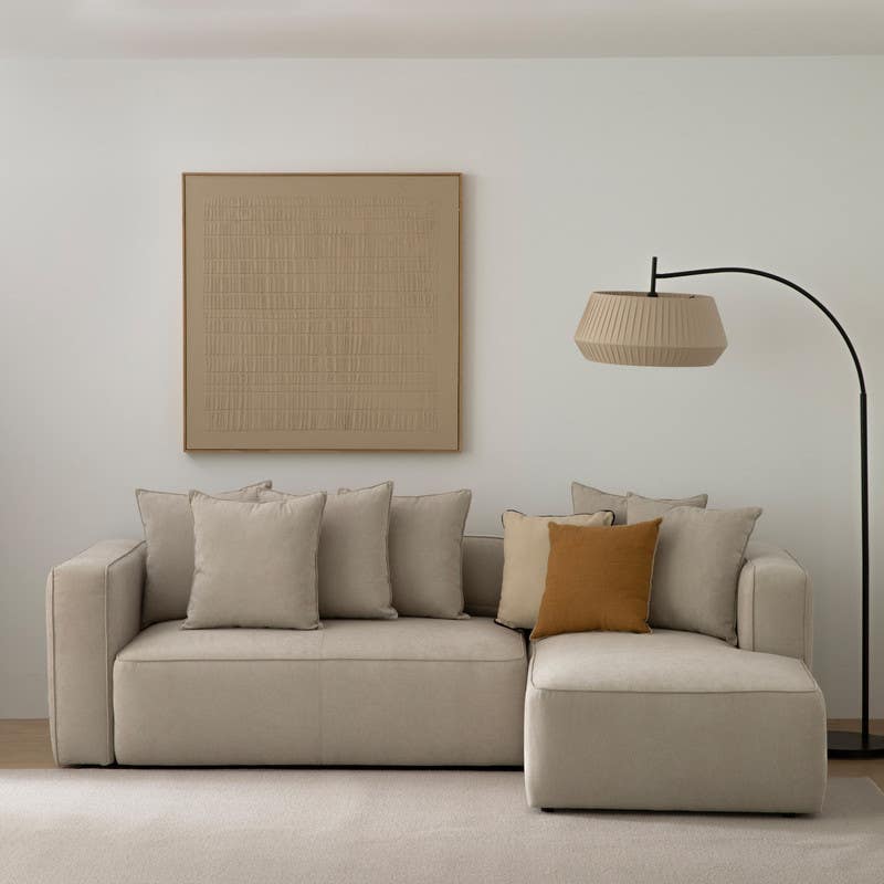 Corner sofa, white beech wood, Koya linen fabric, 5 cushions, 250x170x90 cm - Beige