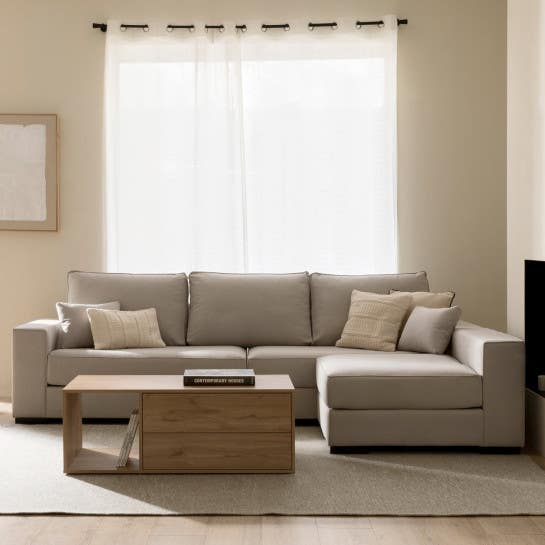 Corner sofa, white beech wood, Koya linen fabric, 5 cushions, 280x170x90 cm - Beige
