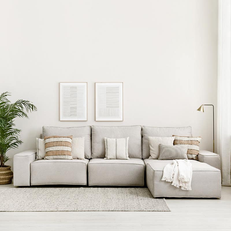 Corner sofa in the shape of a white beech wood, with Koya linen fabric, 5 cushions, 260x170x90 cm - off white