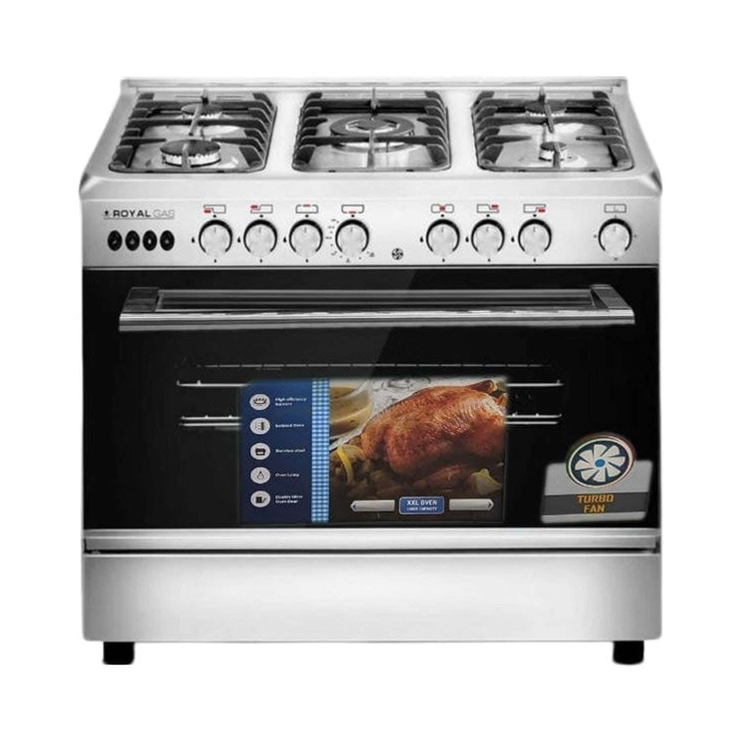 Royal 2010224 Crystal Cast Gas Cooker, 5 Burners, 80×60 cm - Silver Black