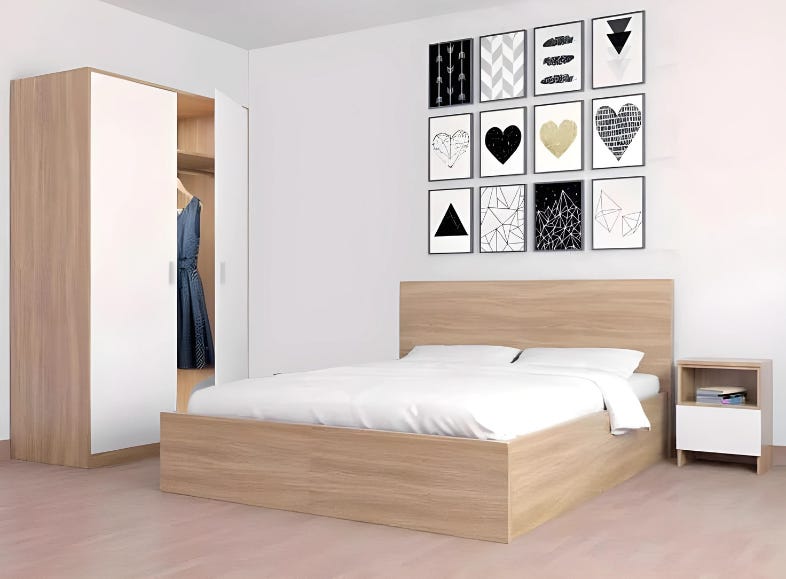 MDF Wood Modern Full Bed Room, 3 PCS - Beige White