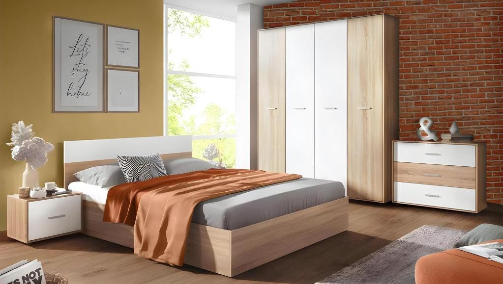 MDF Wood Modern Full Bed Room, 4 PCS - Beige White