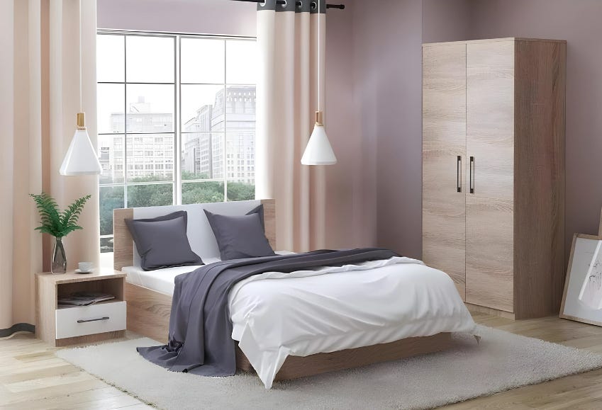 MDF Wood Modern Full Bed Room, 3 PCS - Beige