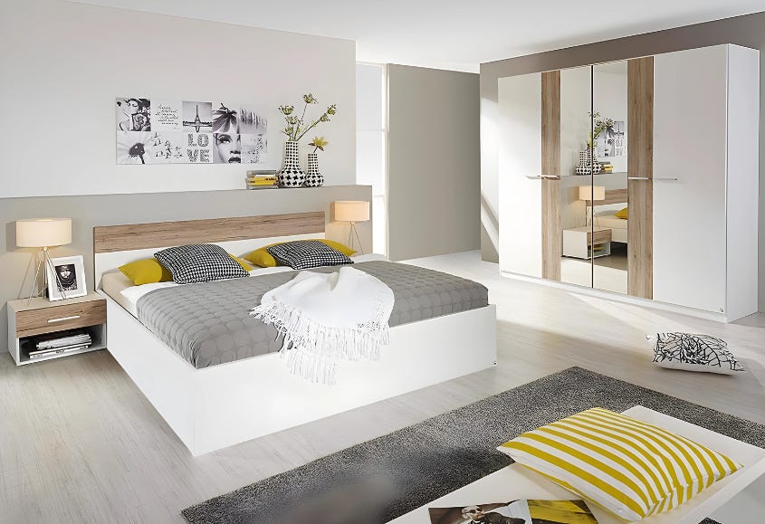 MDF Wood Modern Full Bed Room, 4 PCS - White Beige