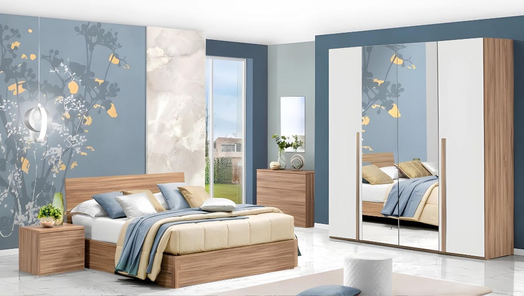 MDF Wood Modern Full Bed Room, 4 PCS - Beige White