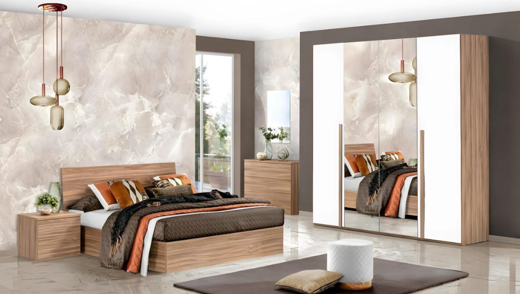 MDF Wood Modern Full Bed Room, 4 PCS - Beige White