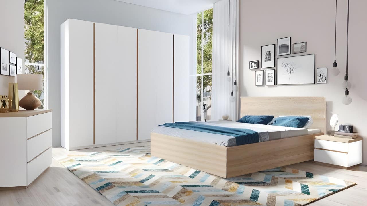 MDF Wood Modern Full Bed Room, 5 PCS - White Beige