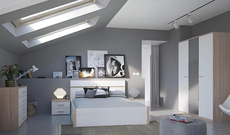 MDF Wood Modern Full Bed Room, 5 PCS - White Beige