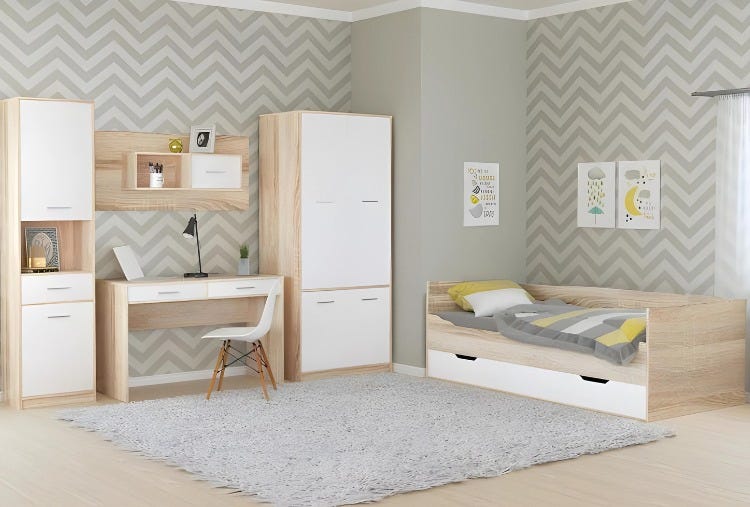 MDF Wood Modern Full Bed Room, 3 PCS - White Beige