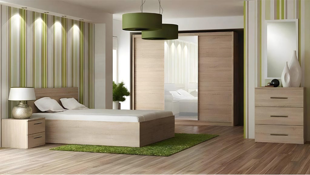 MDF Wood Modern Full Bed Room, 4 PCS - Beige