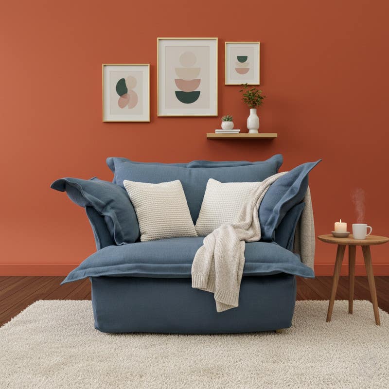 Modern recliner chair, beech wood, linen fabric, 80x100x80 cm - Blue